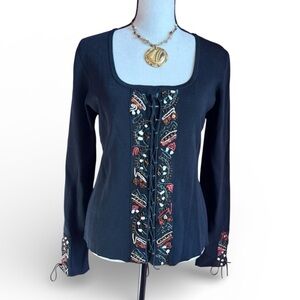 Cabo Y2k Black Beaded Boho Long Sleeve Lace Up Front
and Cuffs, Size XL